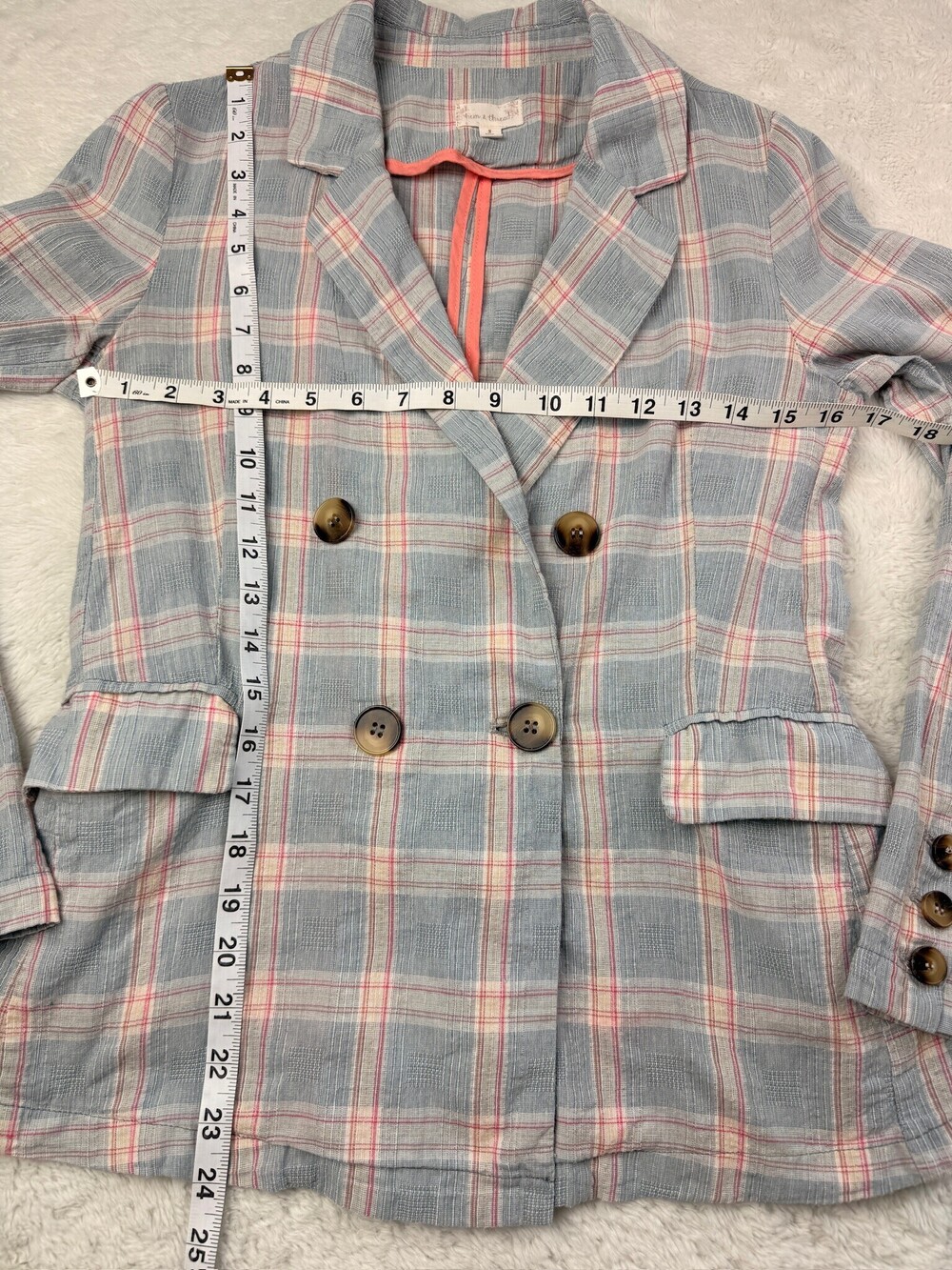 Hem & Thread Women’s Small Blue Plaid Double-Breasted Blazer Coral Trim - Picture 3 of 7